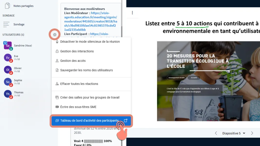 accéder au tableau de bord d’activité des participants depuis la roue dentée.