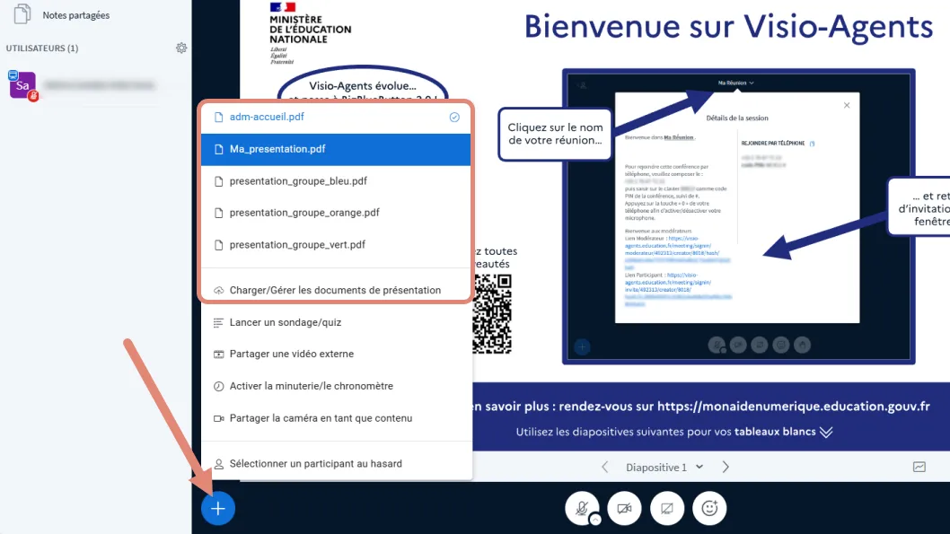 bouton actions affichant la liste des documents associés à la réunion.