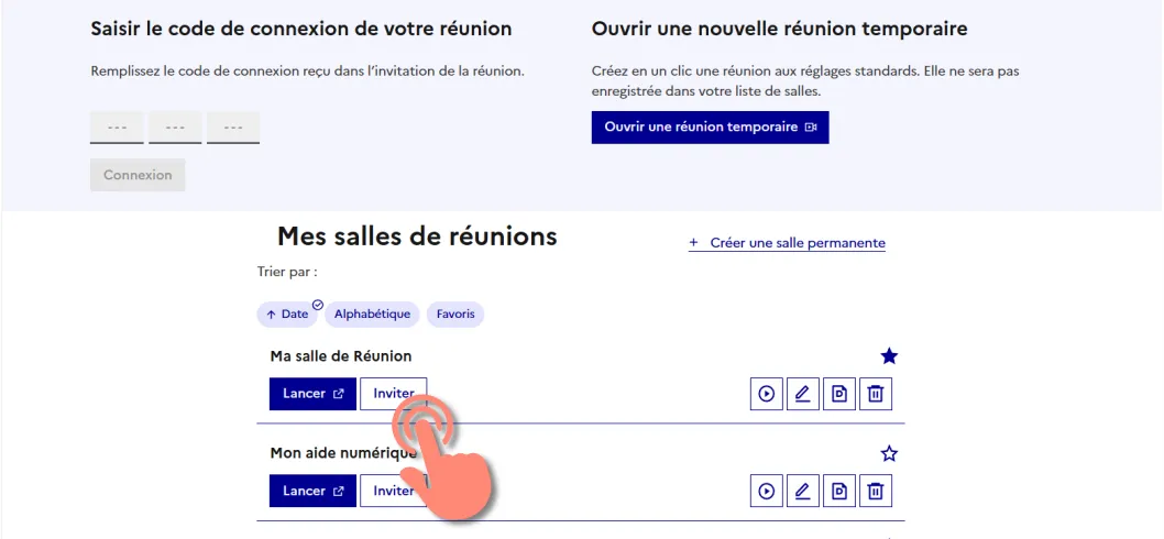 bouton inviter d’une salle de réunion dans l’accueil de visio-agents.