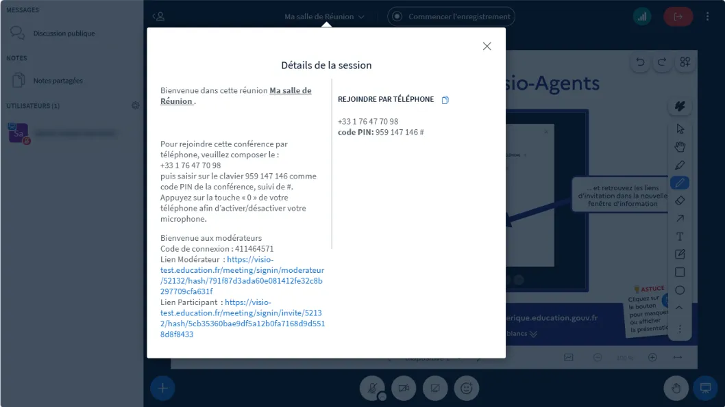 accès au code de connexion depuis la fenêtre de détails de la session en cours.