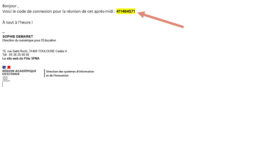 code de connexion reçu à copier pour rejoindre la salle de réunion.