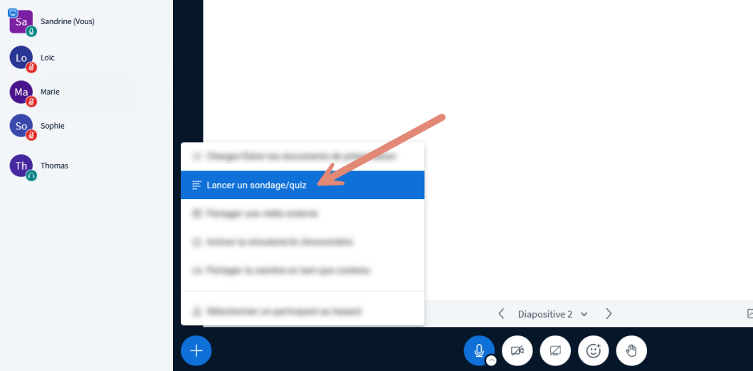 bouton &ldquo;+&rdquo; et option &ldquo;Lancer un sondage / quiz&rdquo; dans le menu des actions.
