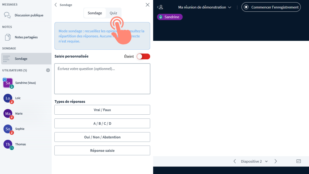 option &ldquo;Quiz&rdquo; sélectionnée dans la fenêtre des sondages.