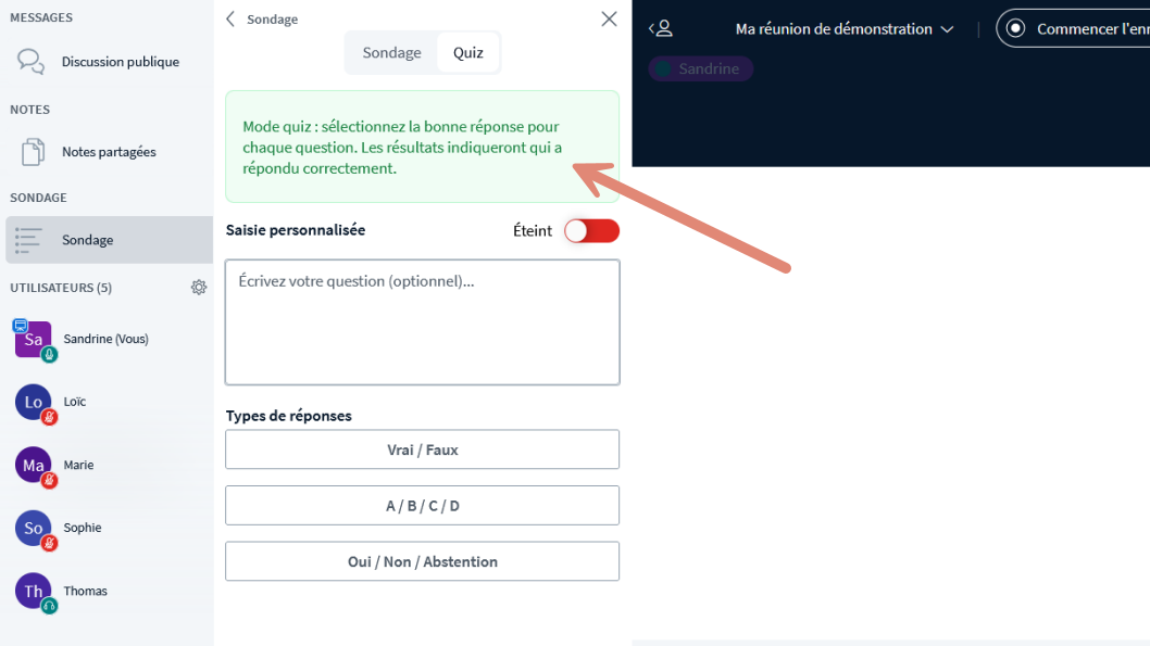 mode &ldquo;Quiz&rdquo; activé dans la fenêtre de création du sondage.