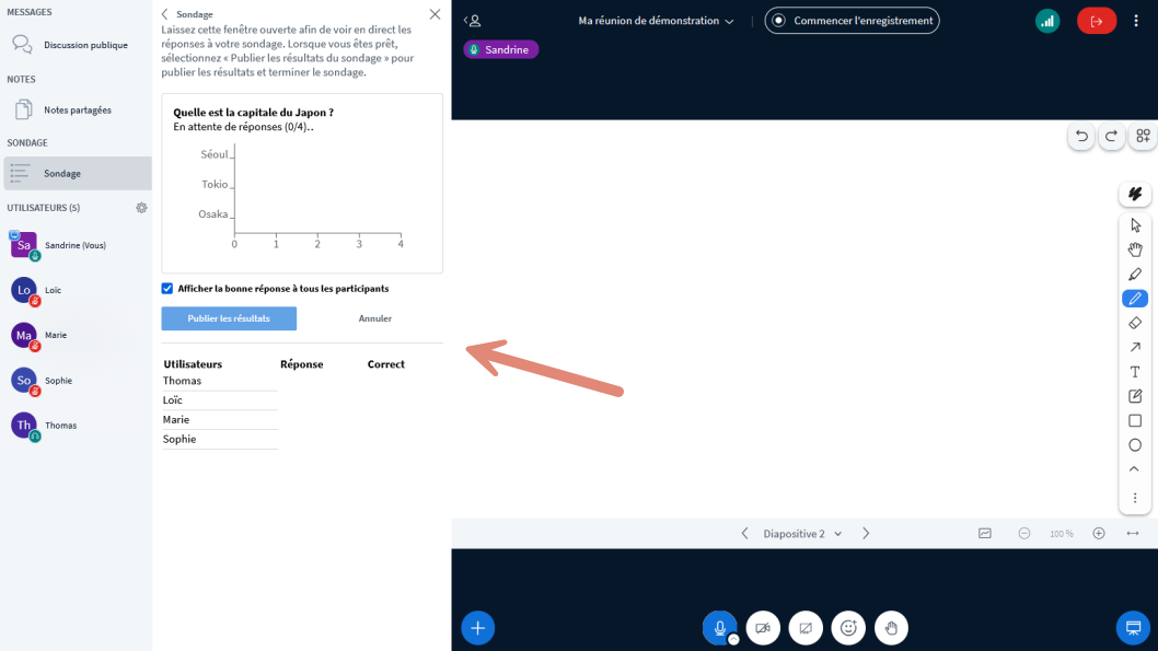 quiz affiché sur l’écran des participants.