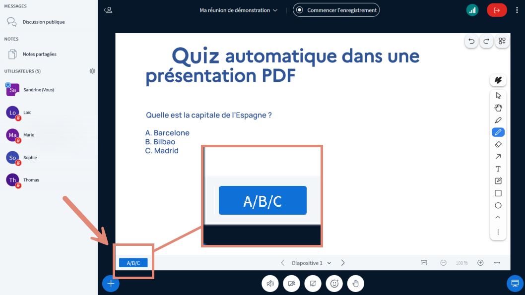 bouton Sondage rapide affiché dasn une diapositive contenant une question.