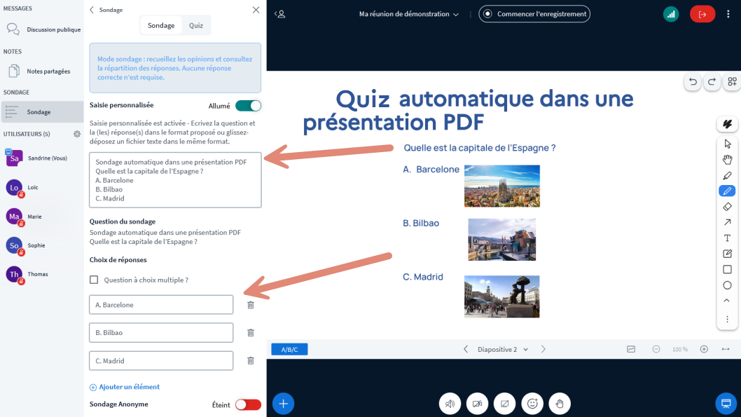 question et réponses importées automatiquement dans la fenêtre &ldquo;Sondage / Quiz&rdquo;.