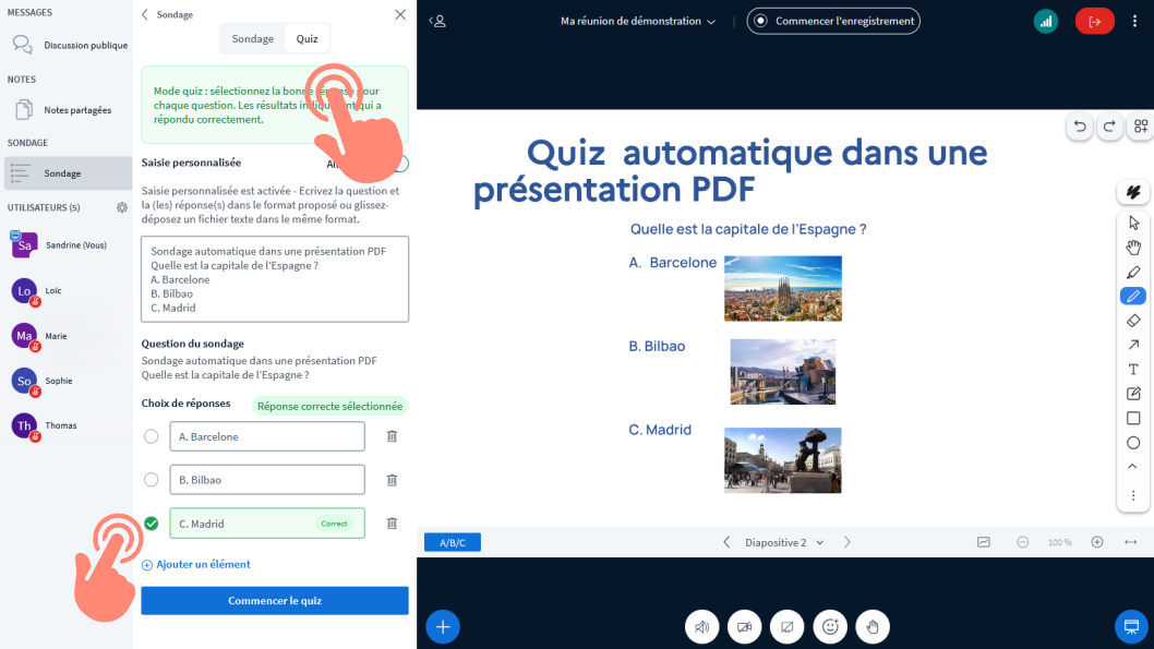 option &ldquo;Quiz&rdquo; sélectionnée dans la fenêtre &ldquo;Sondage / Quiz&rdquo;.