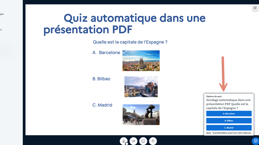 quiz affiché sur l’écran des participants.