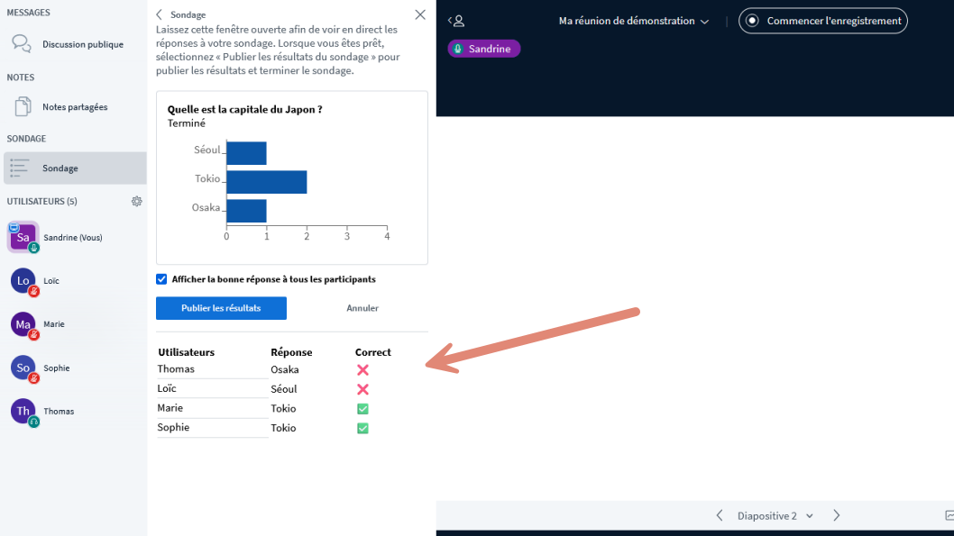 réponses au quiz visibles en temps réel sur l’écran du présentateur.