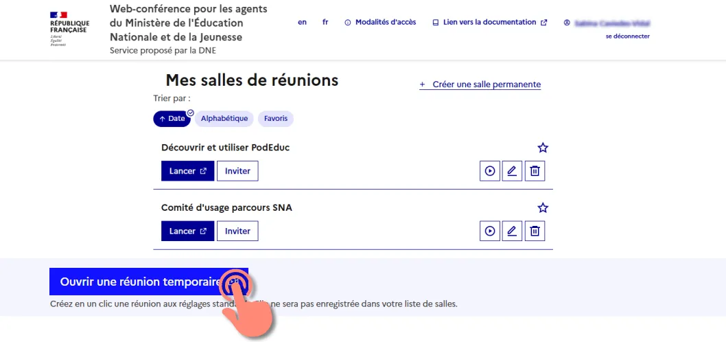 cliquer sur bouton ouvrir une réunion temporaire.