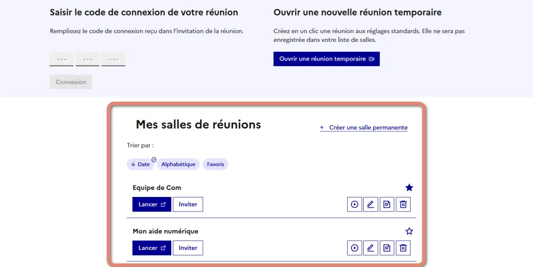 page d’accueil de visio-agents et liste de mes salles de réunion.
