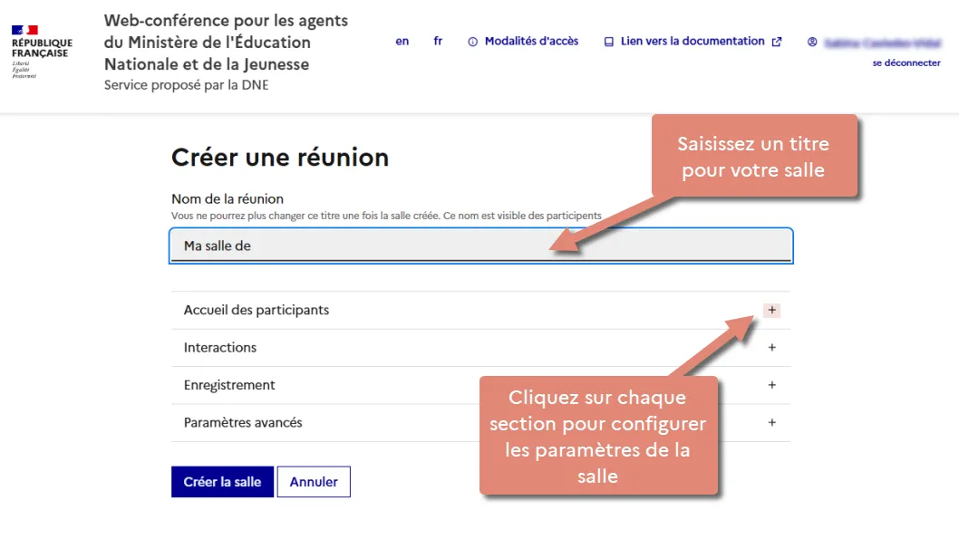 page de création avec bouton &ldquo;créer la salle&rdquo;.