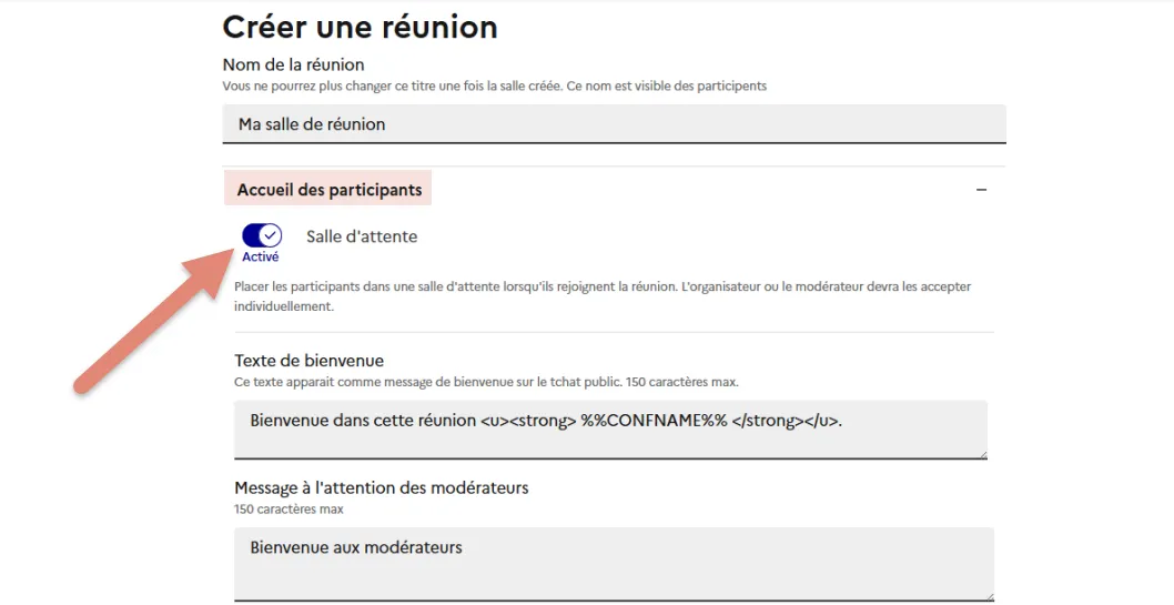 activer une salle d&rsquo;attente pour la réunion.