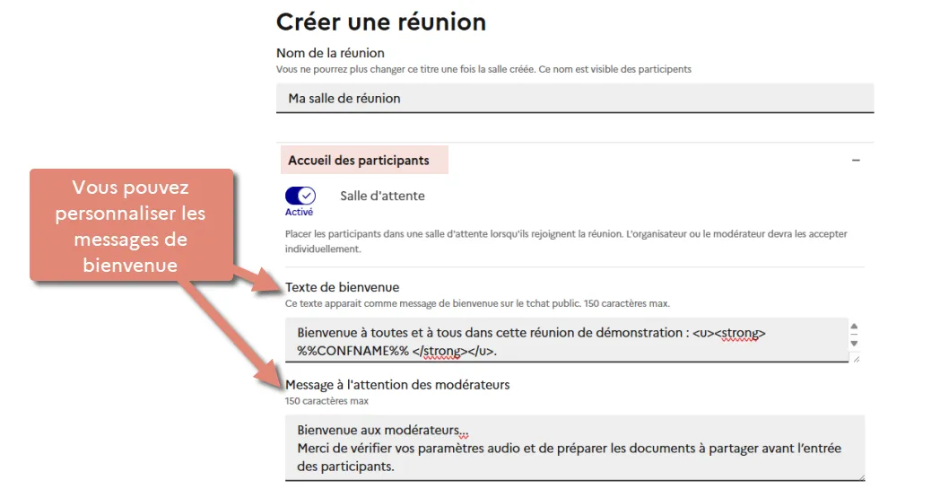 saisie du message de bienvenue.