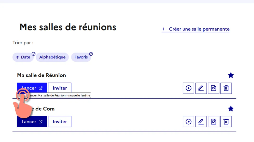 bouton lancer une reunion de salle permanente.