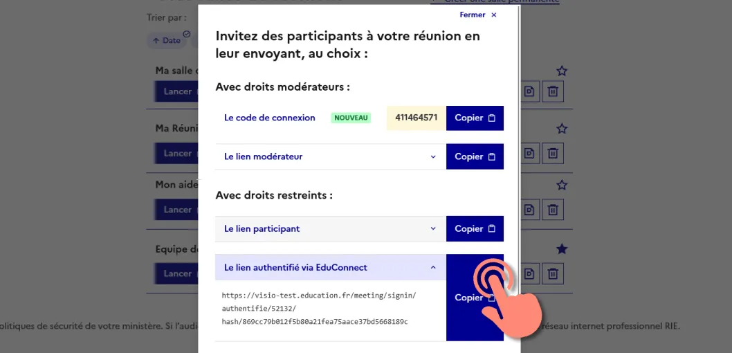copier lien d&rsquo;invitation pour participant authentifié.
