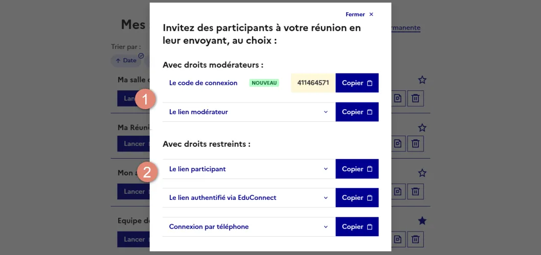 copier lien d&rsquo;invitation pour les modérateurs ou les participants