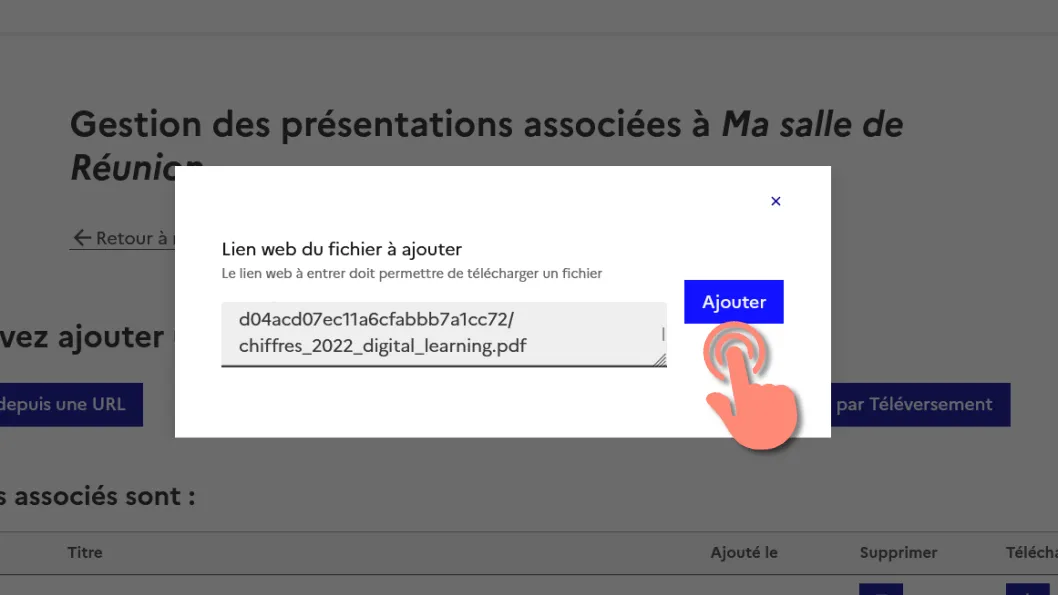 fenêtre de saisie de l’URL d’un fichier à associer à la réunion.