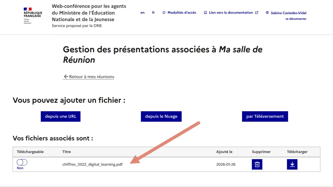 fichier ajouté à la liste des documents associés à la réunion.