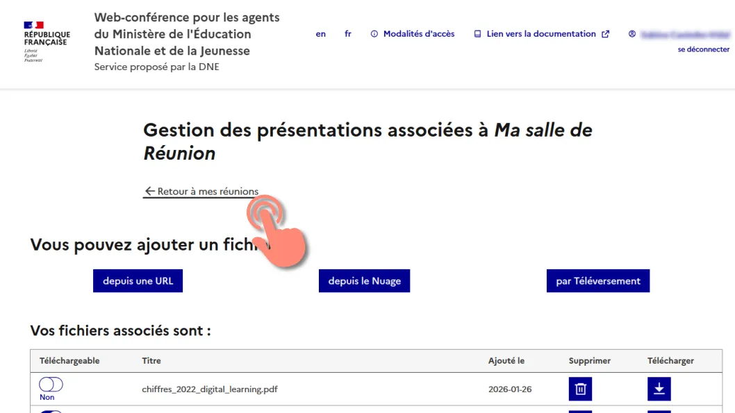 lien retour à mes réunionspermettant de revenir à la page de gestion des salles.