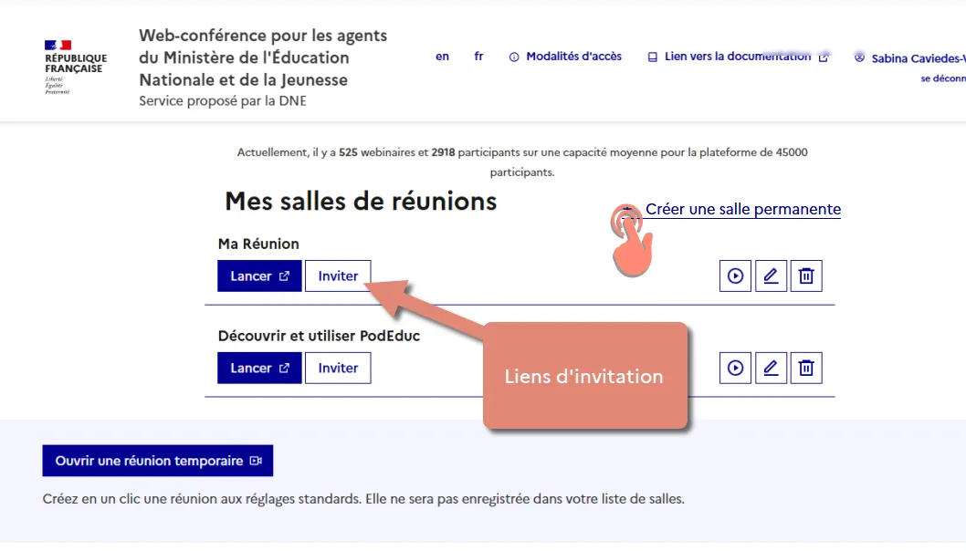 créez ne salle permanente, puis ouvrez les liens d&rsquo;invitation.
