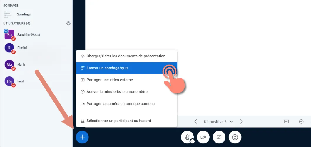 bouton &ldquo;+&rdquo; et option &ldquo;Lancer un sondage/quiz&rdquo; dans le menu des actions.