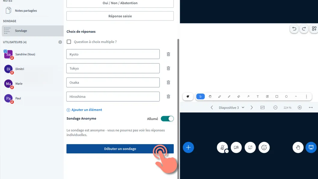 bouton &ldquo;Débuter un sondage&rdquo; pour lancer le sondage.
