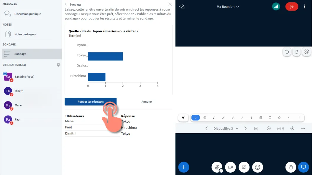 bouton &ldquo;Publier le sondage&rdquo; pour afficher les résultats aux participants.