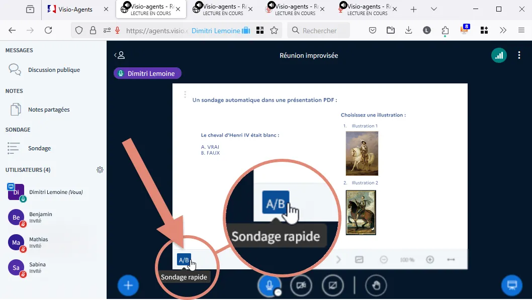 bouton Sondage rapide affiché lors de l’affichage d’une page contenant une question.