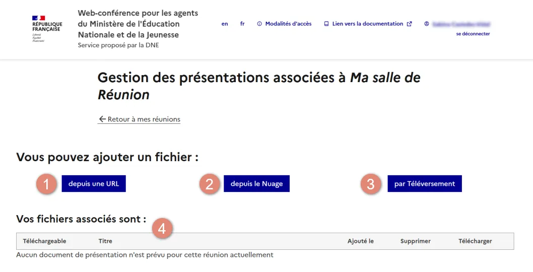 page de gestion des documents associés à la réunion.