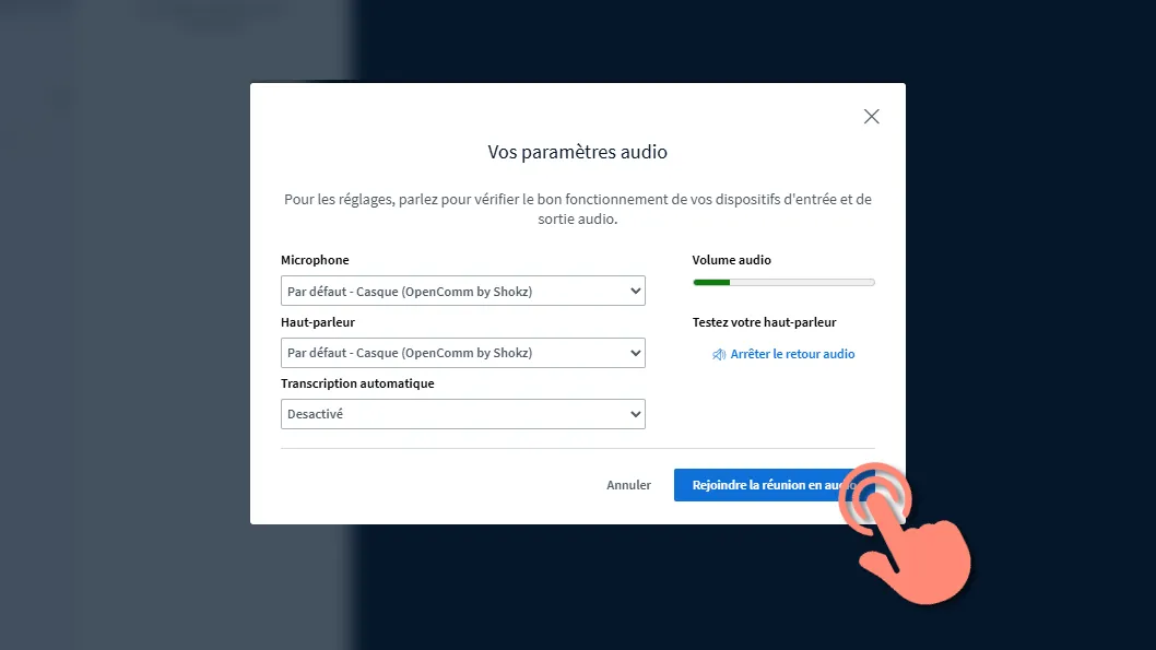 test d&rsquo;audio et bouton &ldquo;Rejoindre la réunion en audio&rdquo;.