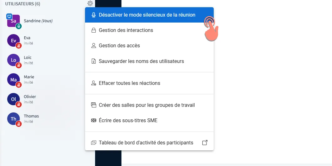 menu gérer les utilisateurs option activer l’interdiction de parler.