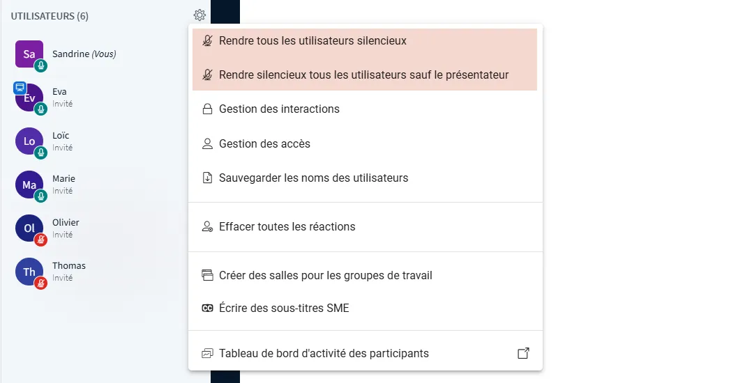 menu gérer les utilisateurs options disponibles lors de la désactivation des micros.