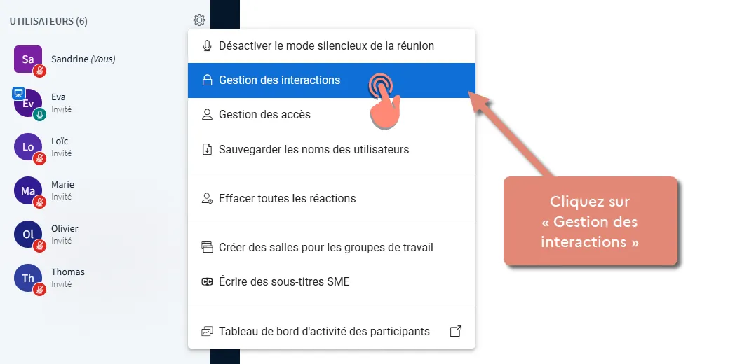 menu gérer les utilisateurs options gestion des interactions sélectionnée.