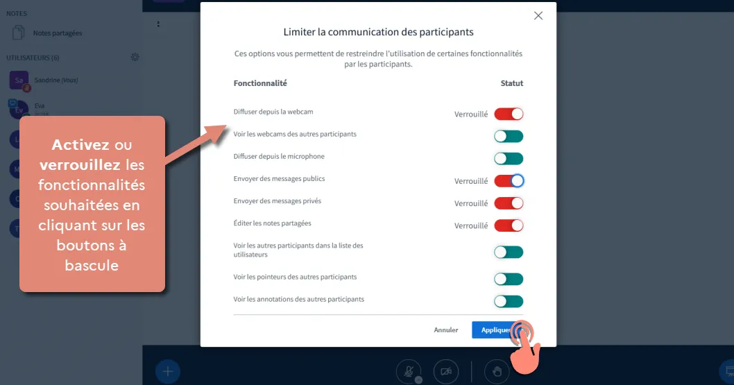 modale avec les options des interactions à verrouiller ou activer.