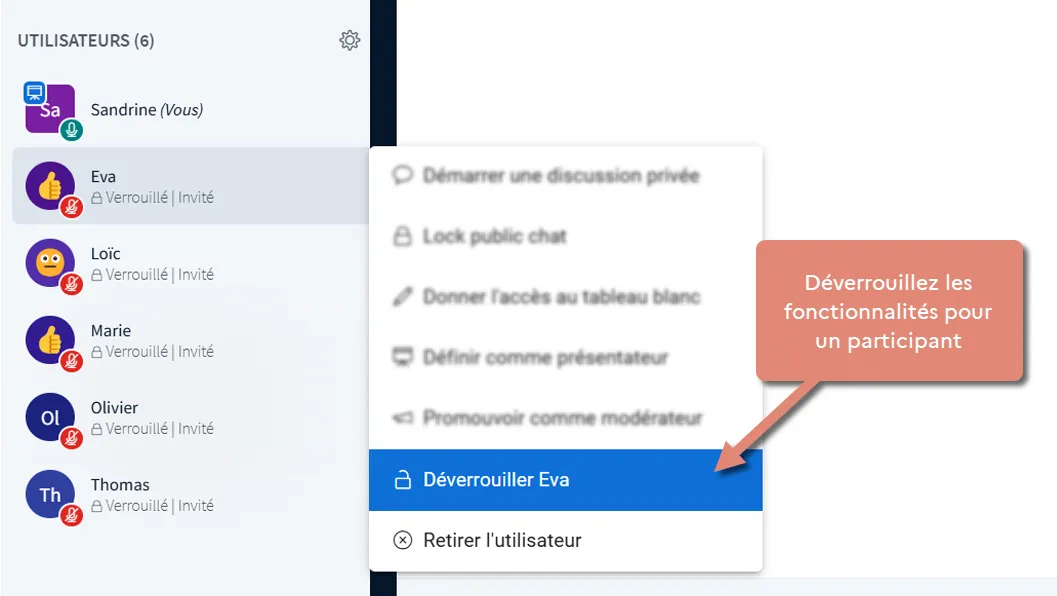 clic sur un utilisateur avec l’options déverrouiller le participant.