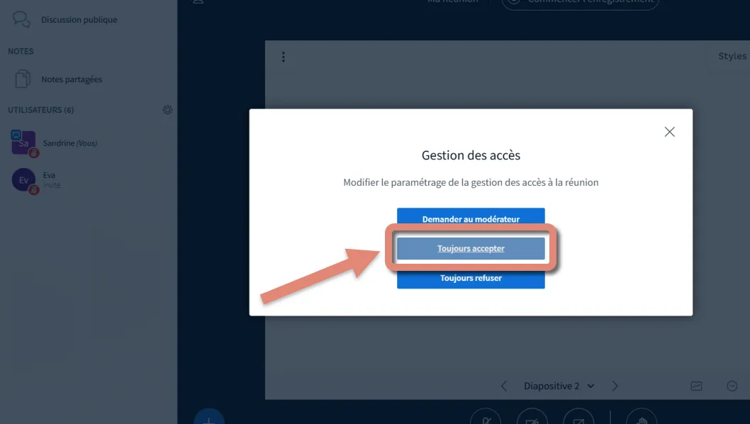 menu Gestion des accès avec option par défaut toujours accepter.