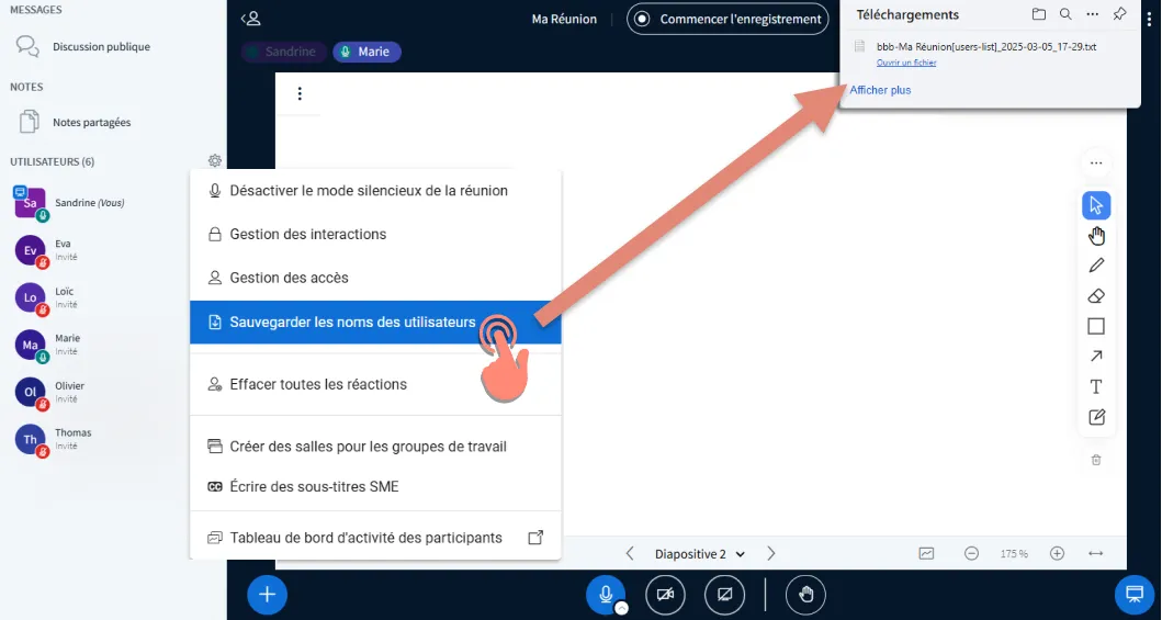 option gérer les utilisateurs sélection sauvegarder les noms des utilisateurs.