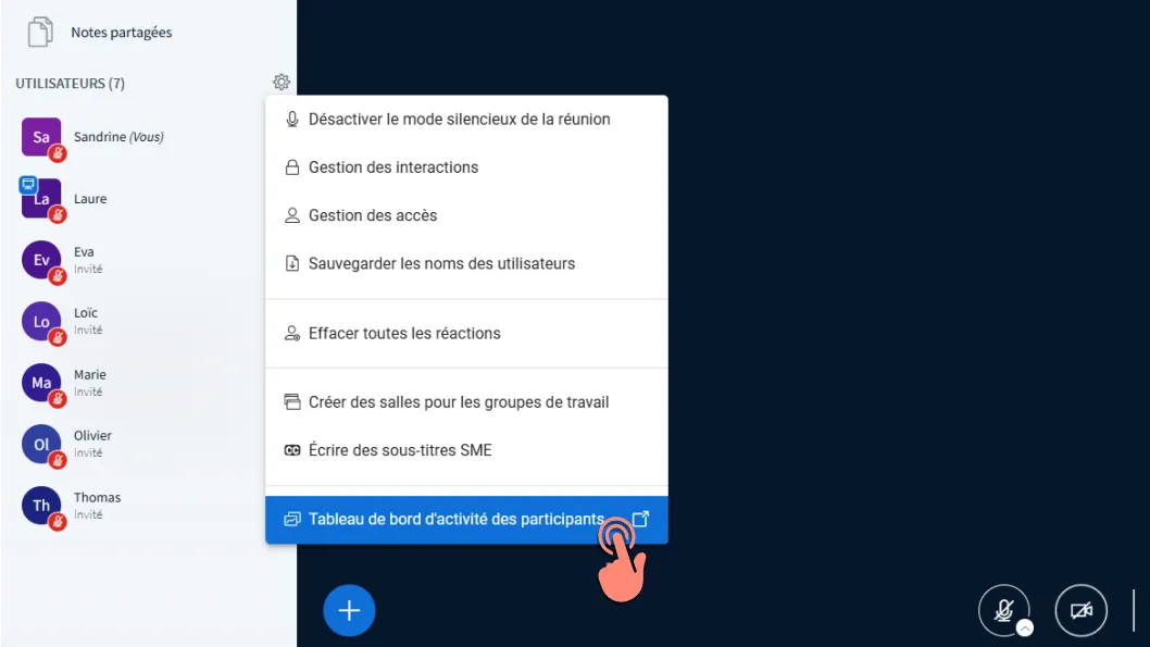 option tableau de bord d’activités des participants.