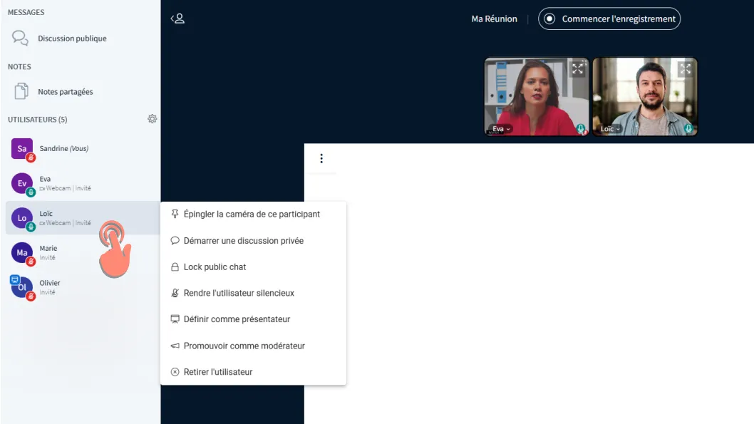 clic sur un utilisateur avec toutes les options.