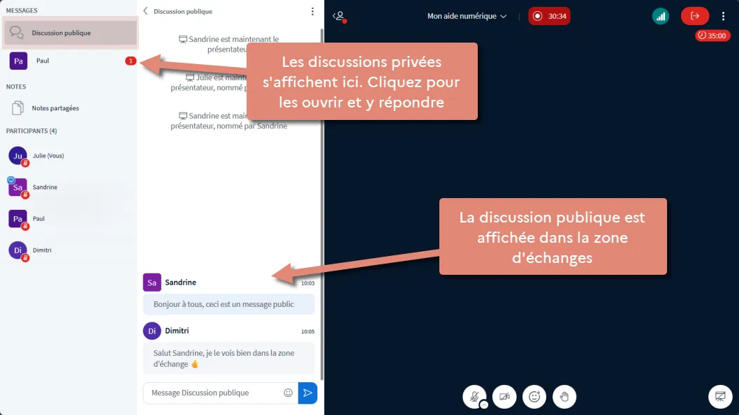 discussion publique et discussions privées.