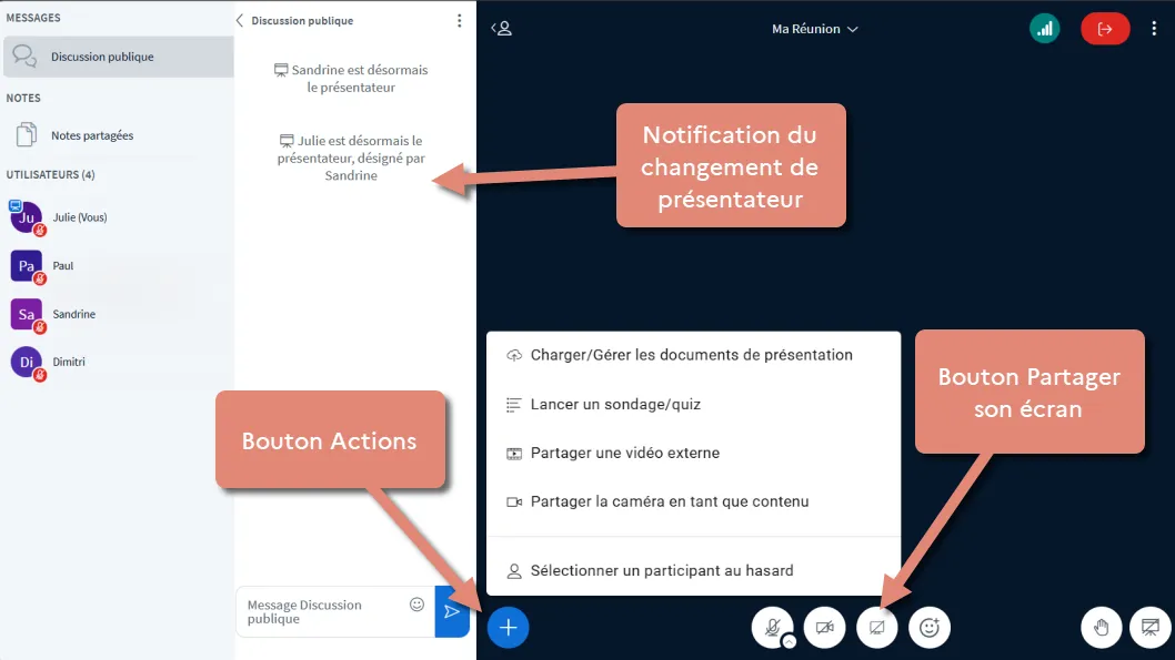 boutons action et partager son écran.