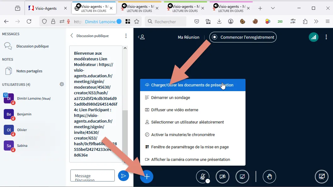 menu &ldquo;+ Actions&rdquo;, option &ldquo;Charger/gérer les documents de présentation&rdquo;