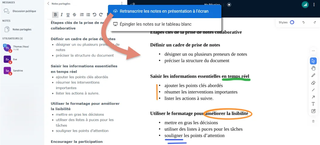notes partagées affichées en PDF dans la zone de présentation.