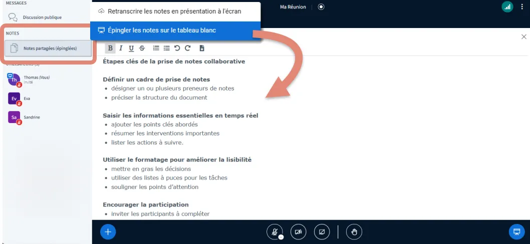 notes partagées affichées dans la zone de présentation.