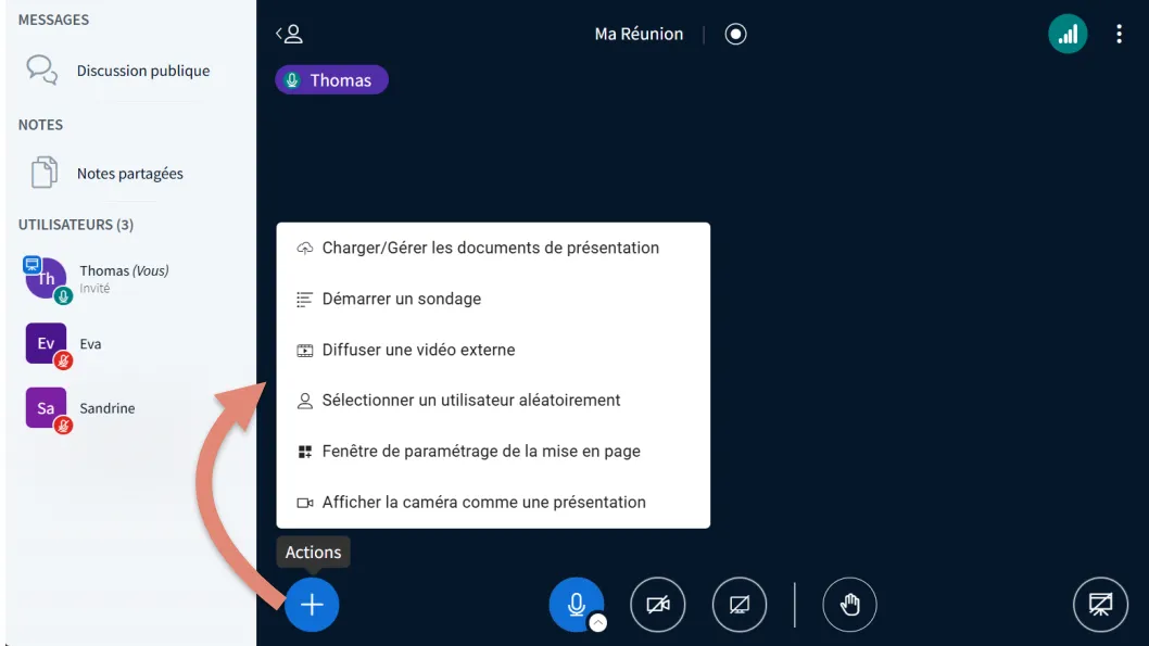 accéder au menu Actions en cliquant sur le bouton &ldquo;+&rdquo;.