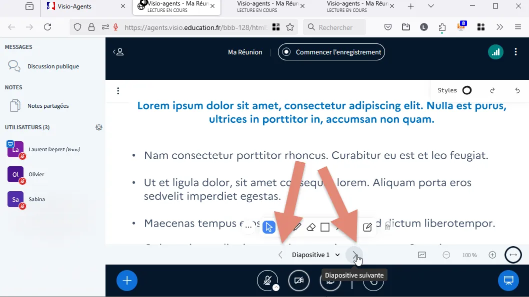 boutons diapositive suivante et diapositive précédente.
