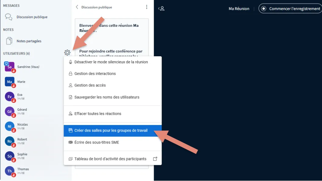 gérer les utilisateurs, option &ldquo;Créer des salles pour les groupes de travail&rdquo;.