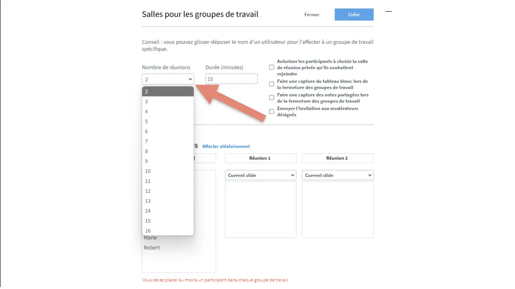 fenêtre de configuration des salles de groupes de travail.